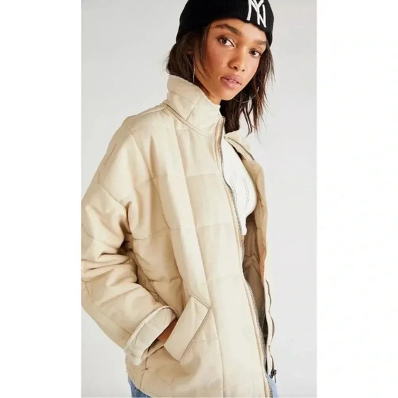 New Free People Dolman Quilted Jacket Vegan Leather Bomber Oversized Cream